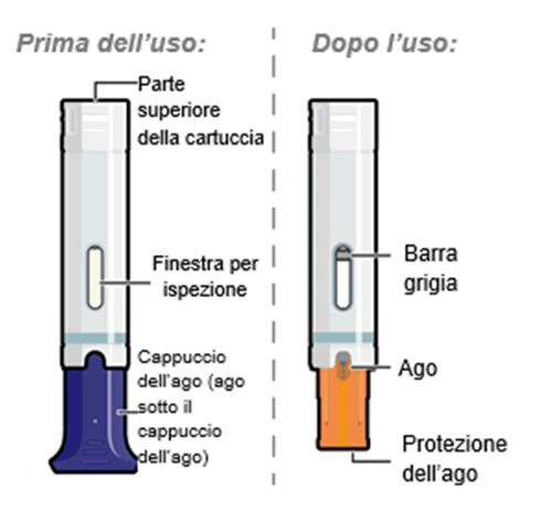 Diagramma che mostra una cartuccia prima e dopo l'uso con etichette per parte superiore, finestra di ispezione, cappuccio, ago e protezione dell'ago