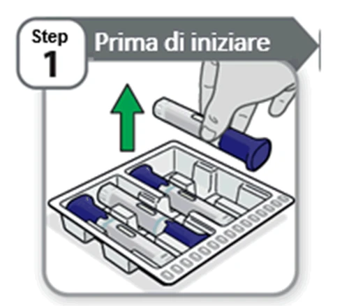 Una mano solleva una penna iniettiva da un vassoio di plastica bianco che contiene altre due penne blu e bianche con una freccia verde rivolta verso l'alto