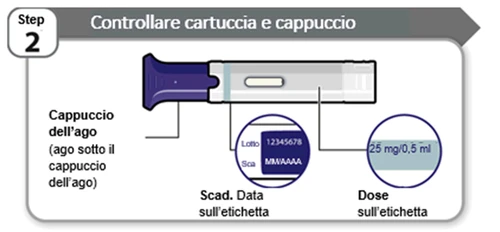 Diagramma medico che mostra una siringa con indicazioni su cappuccio dell'ago, data di scadenza e dose di 25 mg/0,5 ml sull'etichetta