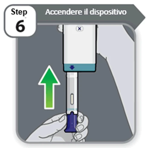 Illustrazione del passaggio 6 con freccia verde rivolta verso l'alto che indica di inserire la parte inferiore del dispositivo nella base bianca