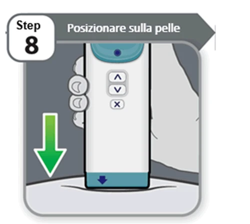 Illustrazione del passaggio 8 che mostra una mano che tiene un dispositivo medico bianco per posizionarlo sulla pelle con una freccia verde verso il basso