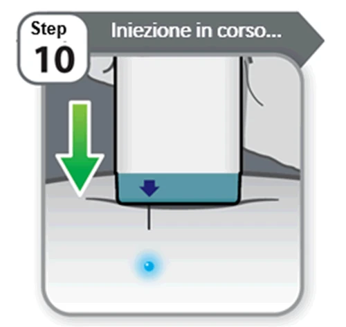 Grafico del passaggio 10 con freccia verde verso il basso e dispositivo medico che preme sulla pelle con una piccola goccia blu sottostante