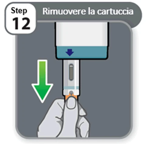 Illustrazione del passaggio 12 con una freccia verde rivolta verso il basso che indica di rimuovere la cartuccia con le dita da un dispositivo medico