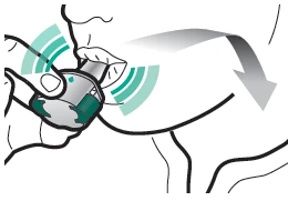 Illustration showing a hand rotating a medical device downward following the direction of a gray curved arrow