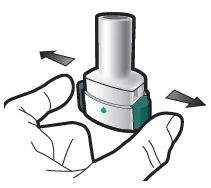 Two hands holding a white and green cylindrical medical device with black arrows indicating lateral rotational movement