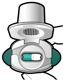 Stylized illustration of a white medical device with a central green and white indicator and small black details on a neutral background
