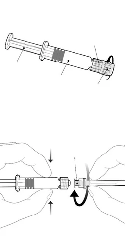 Technical drawing of a syringe with instructions on how to rotate and separate the top part from the body of the syringe