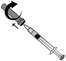 Diagram showing a syringe with a curved arrow indicating rotation of the cap and an arrow pointing downward