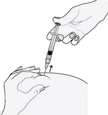 Black and white drawing of a hand holding a syringe injecting liquid into the buttock of a person supported by another