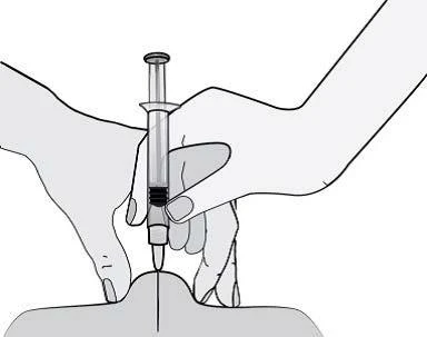 Two hands holding a syringe injecting medication into the top of the head of a stylized black and white person