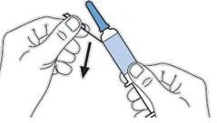 Two hands holding a syringe with a needle, a black arrow indicating downward movement for injection