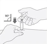 A hand holding a syringe inserting it vertically at a 90-degree angle into the skin supported by another