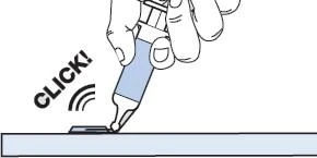 A hand holding a medical device pressed against a flat surface producing a sound indicated by the word CLICK