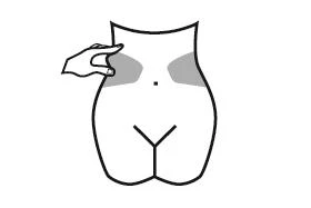 Stylizowany rysunek tułowia kobietego z tyłu, z dłonią pinchetującą skórę w okolicy lewej biodrowej