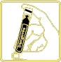 Stylized drawing of a hand holding vertically a medicine vial with dark label on light background