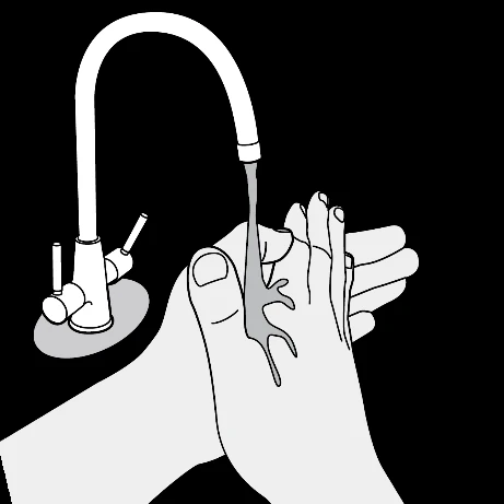 Black and white drawing of an open tap running water over two hands joined together for handwashing