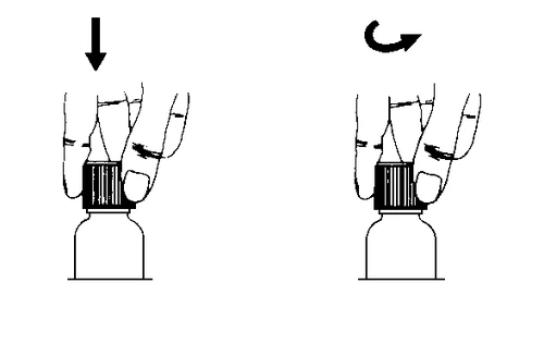 Two illustrations showing a hand pressing down on the bottle cap and then turning it clockwise to open it