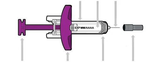 Diagramma tecnico di una siringa con pistone viola, corpo trasparente con scritta EXP MM/AAAA, ago e cappuccio protettivo grigio separato