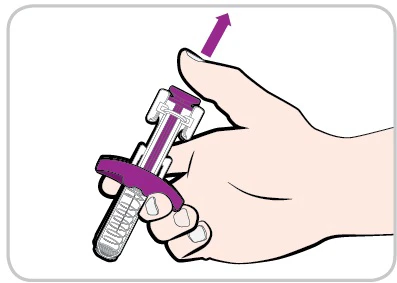 Una mano impugna una siringa con un dito che spinge il pistone verso l'alto indicato da una freccia viola direzionata verso l'alto