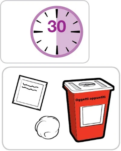 Orologio con indicazione di 30 minuti e contenitore rosso per oggetti appuntiti accanto a un batuffolo di cotone e un foglio bianco