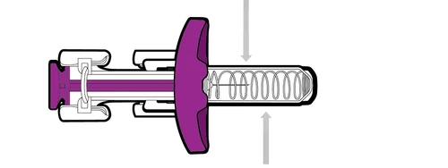 Diagramma tecnico di un dispositivo medico viola e bianco con una molla interna e due frecce grigie che indicano il movimento di pressione