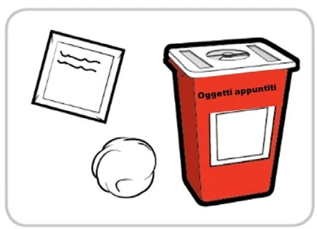 Disegno di un contenitore rosso per oggetti appuntiti, un foglio bianco e un batuffolo di cotone su sfondo chiaro