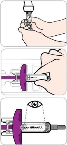 Tre illustrazioni mostrano il lavaggio delle mani, l'apertura di una penna iniettiva e il controllo della data di scadenza sul dispositivo
