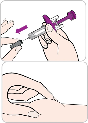 Due mani maneggiano una siringa con ago e cappuccio scuro mentre una mano prepara la pelle per l'iniezione in un disegno medico illustrativo