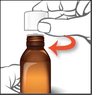 A hand rotates the white cap of a brown glass vial counterclockwise, indicated by a curved red arrow
