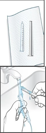 Illustration of a syringe with a plunger next to a sink where hands are washing the syringe under a water stream