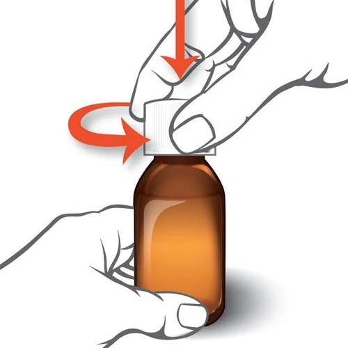 Hands holding a brown glass vial while one hand presses the white cap downward and rotates it clockwise, indicated by red arrows