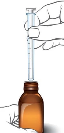 One hand holds a transparent syringe with graduations to aspirate liquid from a brown glass vial with a screw cap