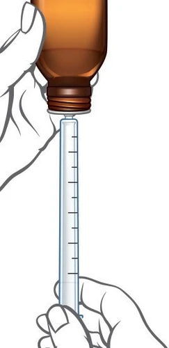 One hand holds a brown vial while the