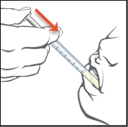 A hand holds a syringe filled with clear liquid and inserts it into a person's mouth following the direction indicated by a red arrow