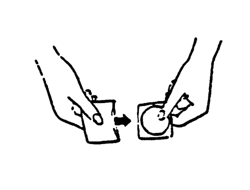 Two hands demonstrating how to remove a lid from a square container by following the direction of an arrow pointing to the right