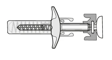 Esquema técnico en blanco y negro de un dispositivo médico con forma de jeringa con émbolo, cuerpo transparente con resorte interno y mango