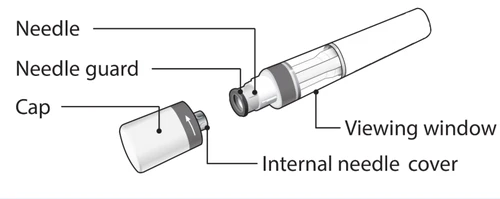 Diagram of an injection pen with labels indicating needle, needle protection