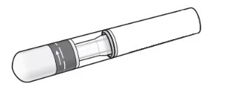 Technical drawing of a medical injection pen with a cylindrical body, transparent section showing the