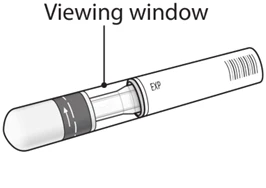 Technical drawing of a cylindrical medical device with a central transparent viewing window and the label EXP on the white part
