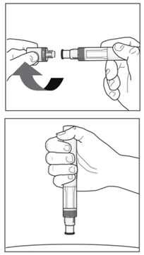 Two hands assembling and rotating a pen-shaped medical device, and one hand holding it vertically downward for administration
