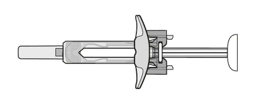 Black and white technical drawing of a syringe with a plunger, cylindrical body, and central wing for manual grip during use