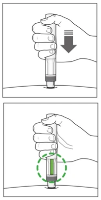 Two-stage drawing showing a hand pressing an injection pen vertically onto the skin and the subsequent injection with visible green liquid