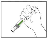 A hand firmly gripping a pen-shaped medical device containing green liquid inside