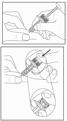 Technical drawing showing two hands holding a syringe to administer medication to a fingertip, with a detailed close-up view