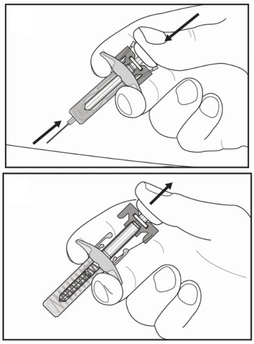 Two-stage technical drawing showing a hand holding a syringe to inject liquid, then pushing the plunger downward
