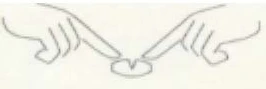 Due mani con indici puntati che indicano un piccolo oggetto circolare al centro di un disegno lineare su sfondo bianco