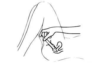 Black line drawing showing a hand holding a syringe injecting a drug into the upper thigh of a bent leg