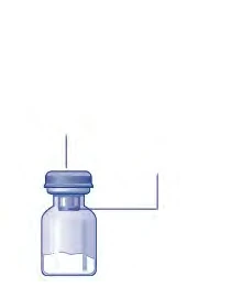 Transparent glass vial with blue rubber stopper and white liquid inside