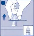 A hand lifting a transparent cap vertically off a medicine vial, with a blue arrow pointing upward