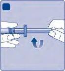 Two hands holding a syringe while a curved arrow indicates clockwise rotation of the plunger